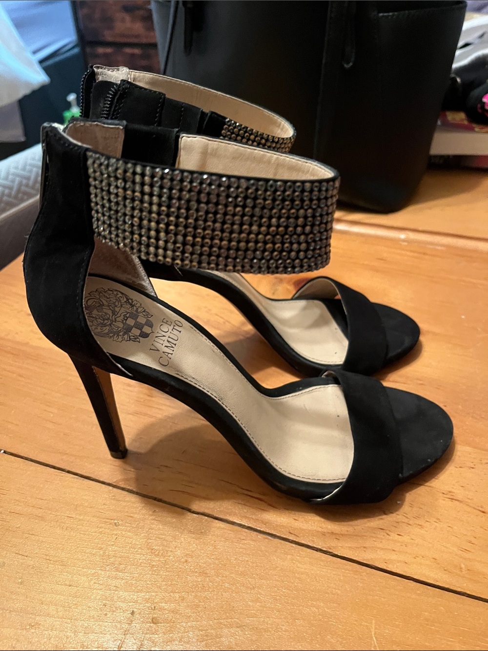 Vince Camuto Black Suede Open-Toe Stiletto Sandals with Crystal Ankle Cuff